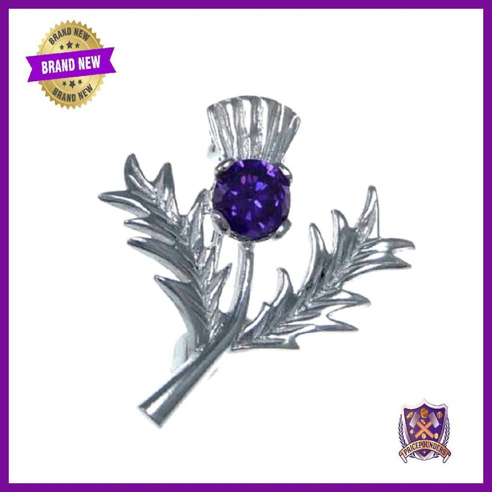 Sterling Silver Amethyst Brooch Pin - Scottish Thistle Jewelry Gift